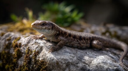 Fototapeta premium A small scaly brown lizard with intricate patterns basks serenely on a textured moss covered rock under bright outdoor sunlight showcasing wildlife