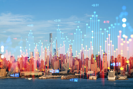 Economic growth and financial data analysis concept over modern USA cityscape with glowing indicators and skyscrapers in sunset background.