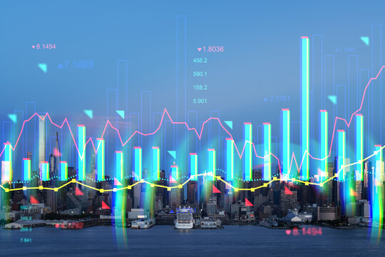 Financial data graphs over modern USA cityscape with glowing neon lines and bar charts on a clear blue background illustrating urban economic concept.