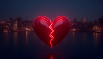 Broken Heart Red Glossy Against Cityscape Night Background