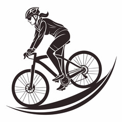 Dynamic silhouette of a female cyclist in full gear riding a mountain bike with speed lines indicating motion and energy