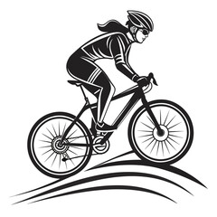 Naklejka premium Dynamic black and white illustration of a female cyclist in full gear wearing a helmet and sunglasses racing on a road bike with a sense of speed and motion