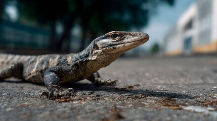 A detailed close up captures a monitor lizard walking on an urban street under bright daylight showcasing its scaly skin and pattern