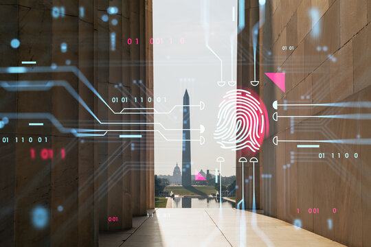 Cybersecurity fingerprint scan concept over Washington cityscape background, USA digital ID technology and data protection theme in futuristic style.