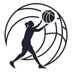 Silhouette of a female basketball player reaching up to catch or shoot a basketball within a stylized circular net or globe design representing global sport