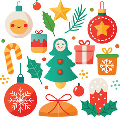 Vector art of a charming collection of christmas symbols including a gingerbread figure, festive trees, hanging ornaments, candy canes, wrapped gifts, and snowflakes, isolated on a
