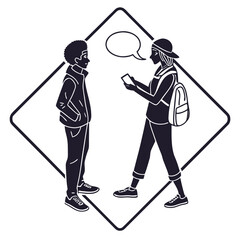Two young people a boy and a girl are standing and talking inside a diamond shape with a speech bubble above them