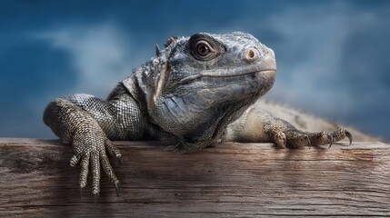 Obraz premium Close up portrait of a gray iguana resting on a weathered wooden surface with a blurred blue sky background