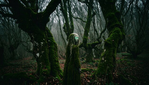 Mysterious Figure with Orb in a Dark, Enchanted Forest.