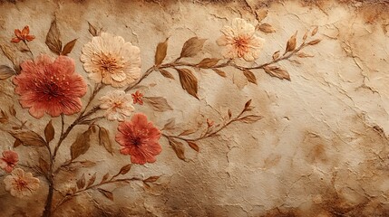 Vintage floral painting on textured wall high resolution image