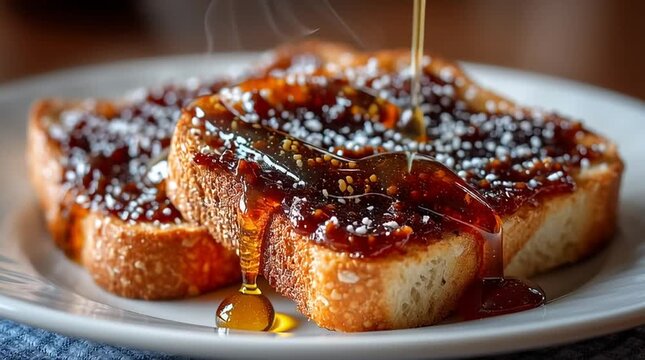 Thick stream of vegemite drizzling onto a slice of golden-brown toasts on plate.	