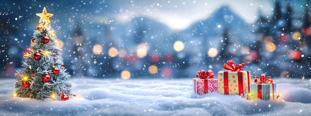 A Christmas tree decorated with garlands and gift boxes stands in a snowy meadow against a backdrop of mountains, snowfall, and the night sky – a winter holiday composition