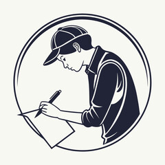 Stylized graphic illustration of a young person wearing a baseball cap and collared shirt focused intently on writing with a pen on a piece of paper enclosed within a circular emblem