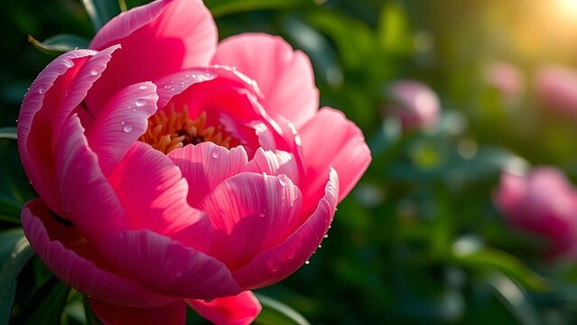 Extreme close-up of a pink peony with dew drops, showcasing delicate floral beauty.