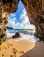 Cave opening to sunny beach