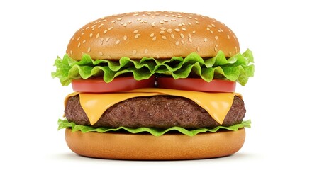 Juicy gourmet cheeseburger with fresh lettuce and ripe tomato slices stacked high on a sesame seed bun, a delicious fast food classic presented perfectly for your appetite.