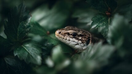 Obraz premium A detailed ro shot of a small lizard peeking out from lush green leaves in natural light
