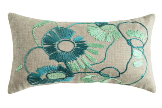 Rectangular linen throw pillow with blue floral embroidery on a transparent background