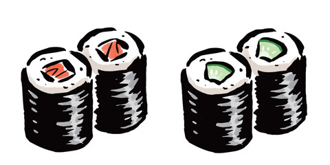 鉄火巻きとかっぱ巻き　筆タッチ手描きイラスト © ウサトコ