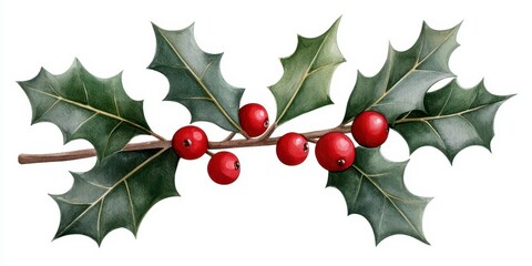 Christmas holly branch. Red berries and leaves. Watercolor illustration. Festive winter foliage adornment. scarlet fruit verdant leaf. botanical painting for yuletide decor invitation