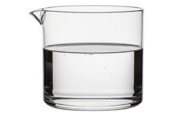 Small clear glass pitcher with a spout half filled with water on a transparent background