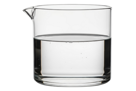Small clear glass pitcher with a spout half filled with water on a transparent background