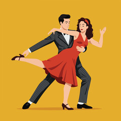 Dancing couple in striped suit and red dress on a mustard-colored backdrop