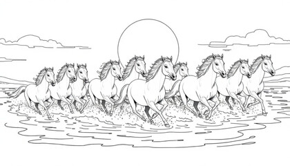Minimilist a group of horses running through water with a large sun or moon in the background in a line drawing vector