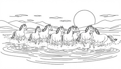 Minimilist a herd of horses running through water with mountains and a large sun in the background artwork vector