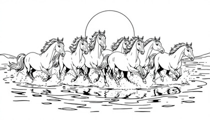 Minimilist a group of seven horses running through water with a sun in the background in black and white style vector