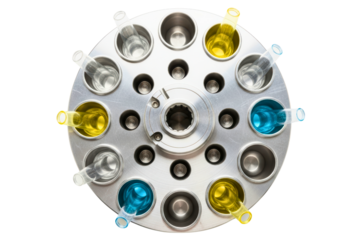 Top-down view of a centrifuge rotor with colorful liquid samples on a transparent background