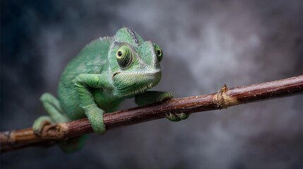 Fototapeta premium A green chameleon with large eyes sits alertly on a rough brown branch against a dark misty background