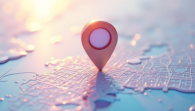 Golden Location Pin on Abstract City Map with Soft Light
