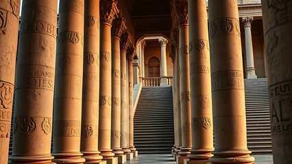 Ancient stone pillars with intricate carvings leading to a grand staircase, embodying classical architectural elegance.
