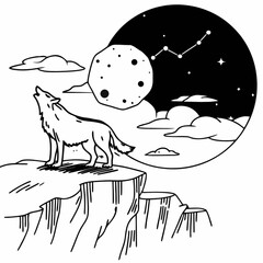 Minimilist illustration of a howling wolf on a cliff with a moon, stars and clouds in the background scene vector