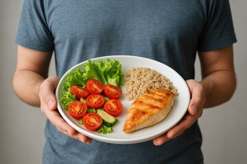 Person in blue shirt holds plate with grilled chicken, cherry tomatoes, lettuce, and barley
