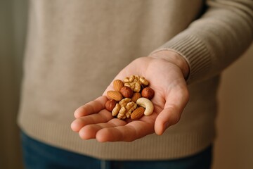 Person's hand holds mix of almonds, walnuts, and cashews in beige sweater, presenting wholesome snack