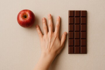Light-skinned hand rests between red apple and dark chocolate bar on beige background