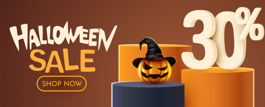 Halloween Sale 30 Percent Off Banner with Spooky Pumpkin. Thirty Percent off. Seasonal discount advertisement. Vector illustration.