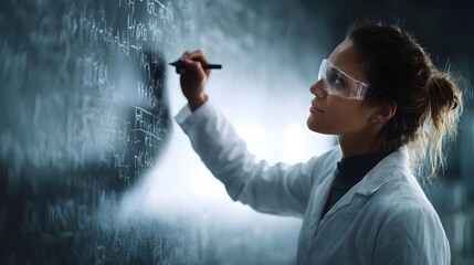 A focused scientist wearing safety goggles writes complex formulas on a blackboard symbolizing scientific research and learning