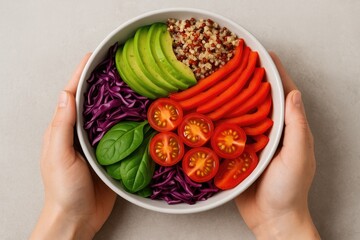 Hands hold colorful veggie bowl featuring avocado slices, quinoa, purple cabbage, red bell pepper, cherry tomatoes, and spinach