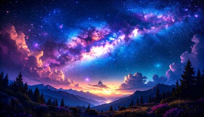 Vibrant Night Sky Over Majestic Mountains and Forest.