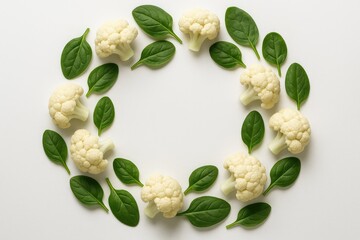 Circular arrangement of cauliflower florets with green leaves on white background