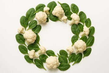 Circular wreath of cauliflower florets interwoven with green spinach leaves on white background