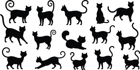Black cat silhouettes with curly tails, walking, sitting, stretching, playful poses, halloween spooky design, feline vector illustration artwork isolated