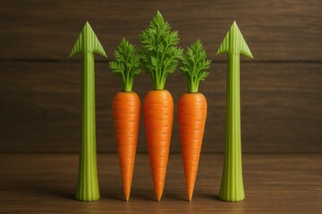 Three orange carrots with leafy tops stand between two green celery stalks shaped like arrows on wooden surface