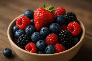 Wooden bowl filled with fresh mixed berries: strawberries, blueberries, raspberries, and blackberries