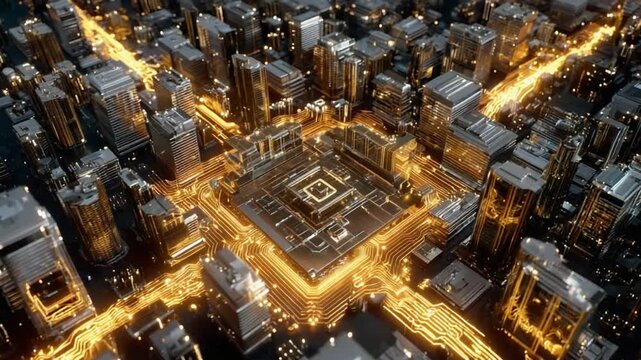City of Light: A mesmerizing aerial shot reveals an urban metropolis, its intricate network of buildings and streets illuminated with an ethereal glow, embodying progress. 