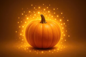 Bright orange pumpkin centered among glowing golden specks, warm autumn light and festive harvest vibe