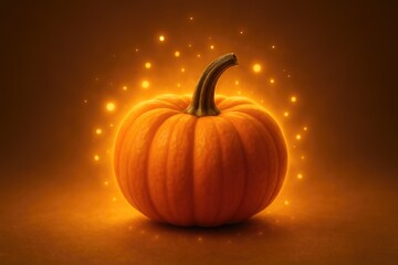 Glowing orange pumpkin with curved stem sits on warm dark surface, surrounded by magical golden sparkles